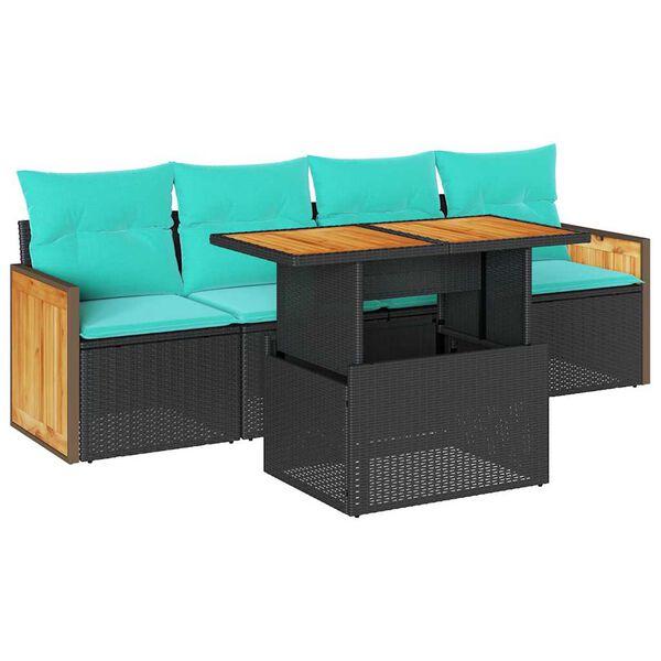 vidaXL 5 Piece Patio Sofa Set with Cushions Black Poly Rattan Acacia