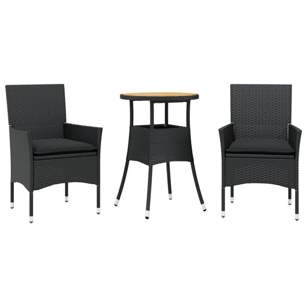 vidaXL 3 Piece Patio Dining Set with Cushions Black Poly Rattan and Acacia