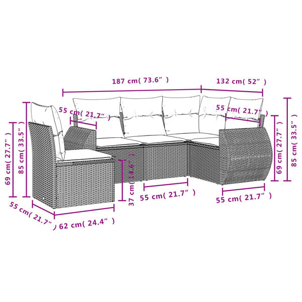 vidaXL Garden Sofa Set Brown PE rattan, Powder-coated steel, Polyester