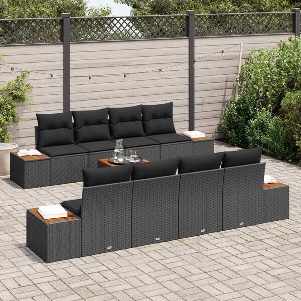 vidaXL Garden Sofa Set with Cushion 9 pcs Black Poly rattan