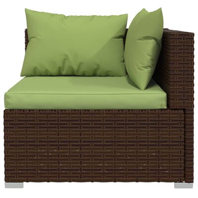 Brown wicker loveseat with green cushions showing side view, single armrest and seating area.