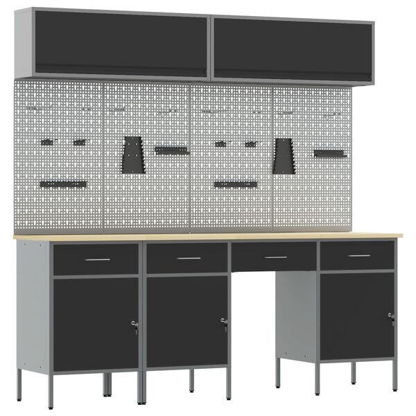 vidaXL Work Bench with Drawer 10 pcs Black 200 x 55 x 200 cm Steel