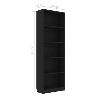 vidaXL 5-Tier Book Cabinet Black 23.6"x9.4"x68.9" Engineered Wood