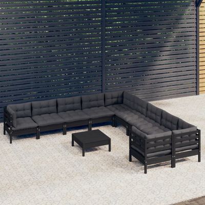 vidaXL 11 Piece Patio Lounge Set with Cushions Black Pinewood