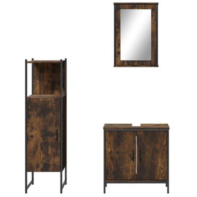 Tall storage cabinet, wall mirror, and double-door vanity cabinet in rustic brown finish with metal frame.
