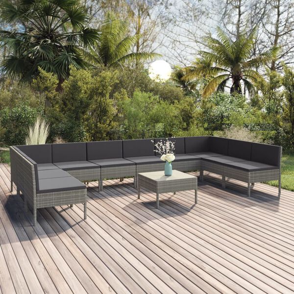 vidaXL Garden Lounge Set Gray PE rattan, powder-coated steel, polyester