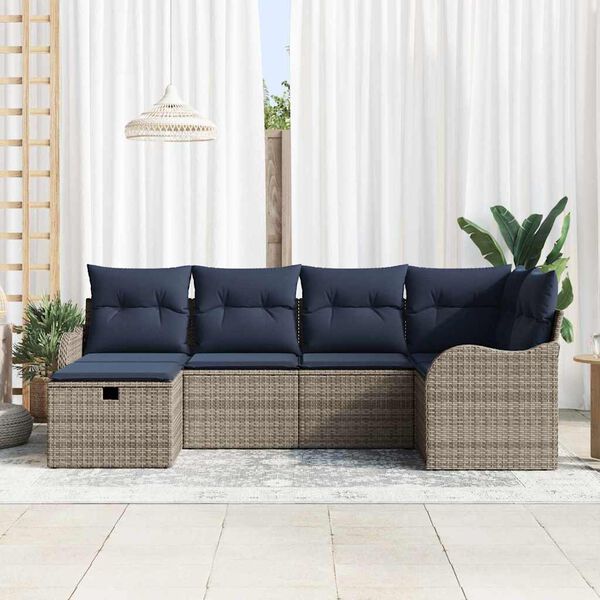vidaXL Garden Sofa Set with Cushion 6 pcs Grey and navy Poly rattan