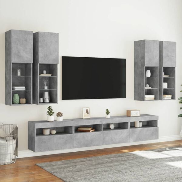 vidaXL 7 Piece TV Wall Stand Set with LED Lights Concrete Gray