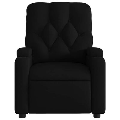 Front view of black fabric recliner with padded back and arms