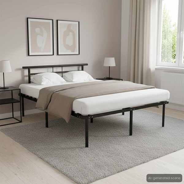 vidaXL Bed Frame Black Powder-coated metal, plywood Double Durable