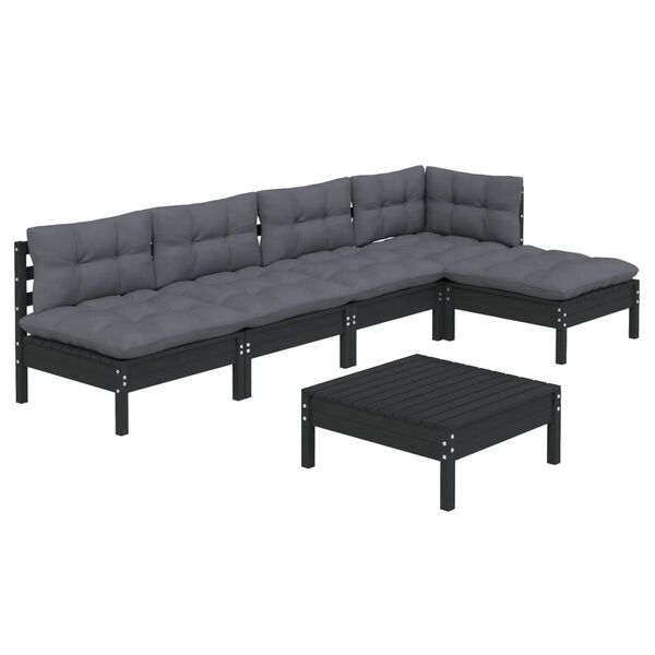 vidaXL Garden Lounge Set Black Solid Pine Wood, Polyester Fabric Standard