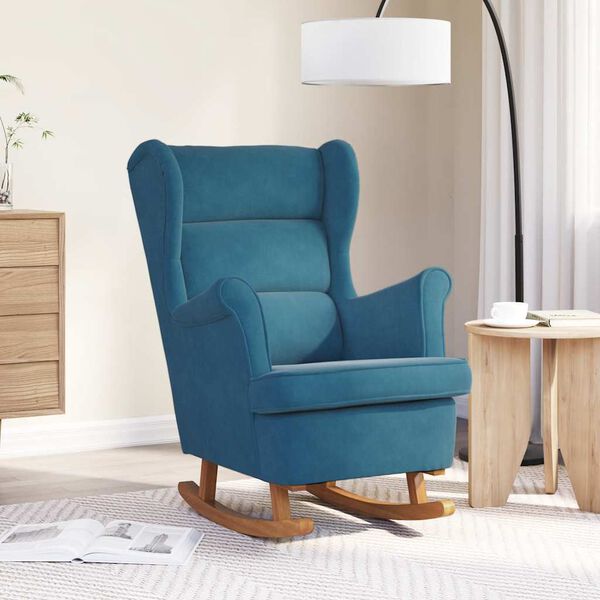vidaXL Rocking Chair Wingback Blue Velvet and Solid Wood