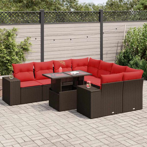 vidaXL 9 Piece Patio Sofa Set with Cushions Brown Poly Rattan Acacia