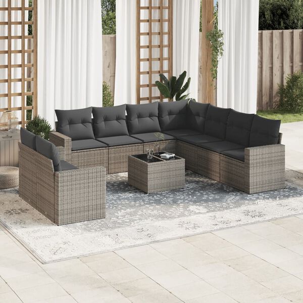 vidaXL Garden Sofa Set Grey PE rattan, powder-coated steel, tempered glass