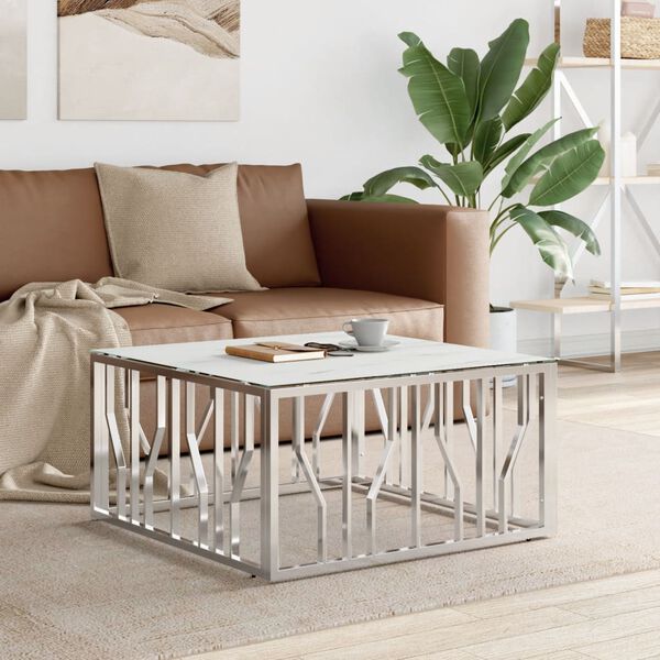 vidaXL Coffee Table Silver, White Marble Stainless steel, tempered glass