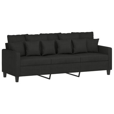 Full view of a black three-seater sofa with multiple cushions and metal legs.