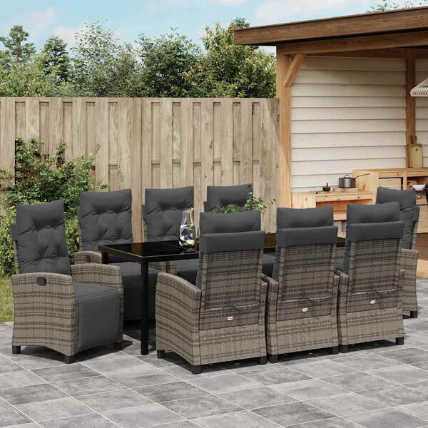 vidaXL Garden Dining Set with Cushion 9 pcs Grey Poly Rattan
