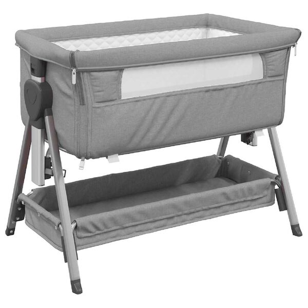 vidaXL Baby Bed With Mattress Light grey Linen fabric, mesh, iron