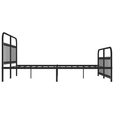 Side view of a long metal bed frame with two headboards at each end and multiple legs, shown alone against white.