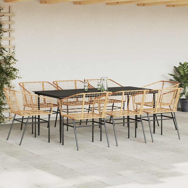 vidaXL 9 Piece Patio Dining Set Brown Poly Rattan Glass