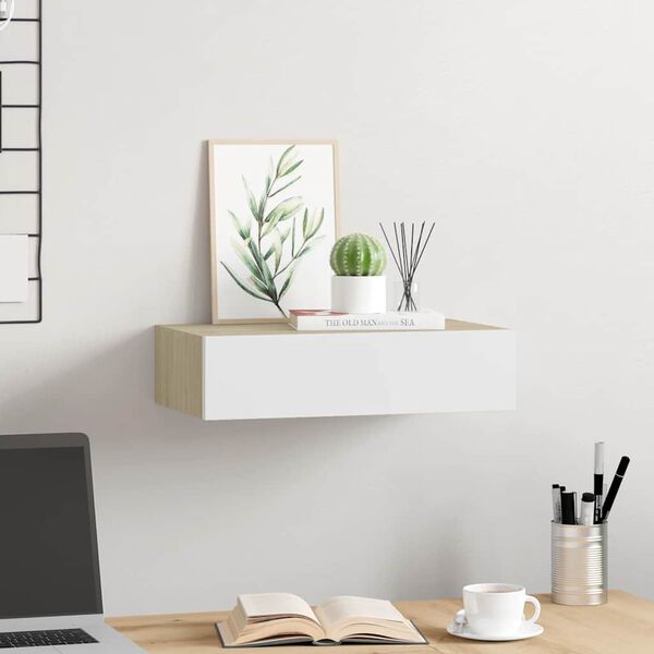 vidaXL Drawer Shelf Oak and White MDF, Metal Compact Wall Shelf