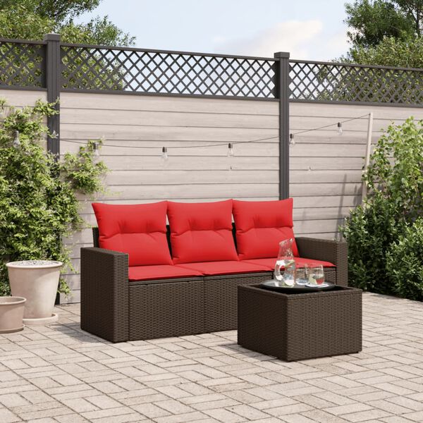 vidaXL 4 Piece Patio Sofa Set with Cushions Brown Poly Rattan