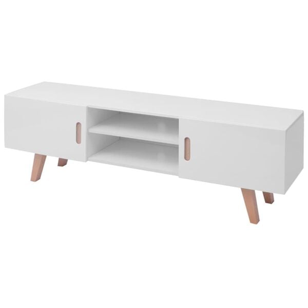 vidaXL TV Stand Shiny White MDF, Beechwood, Steel Large TV Stand