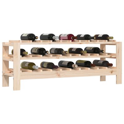 Wooden three-tier wine rack with bottles laid across two rows, detailed close view of bottles