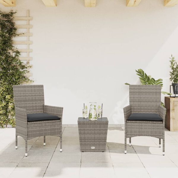 vidaXL 3 Piece Bistro Set with Cushions Grey Poly Rattan and Glass