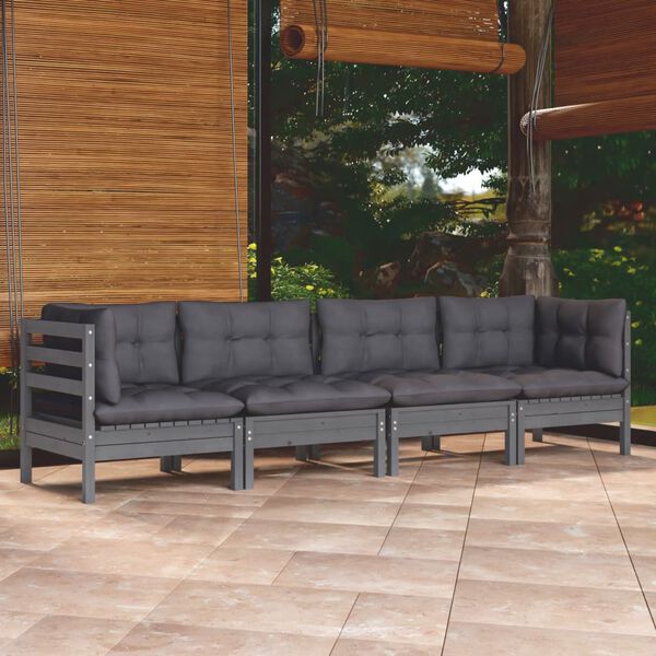 vidaXL Garden Lounge Set Grey Solid pine wood, 100% polyester fabric