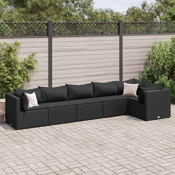 vidaXL 6 Piece Patio Lounge Set with Cushions Black Poly Rattan