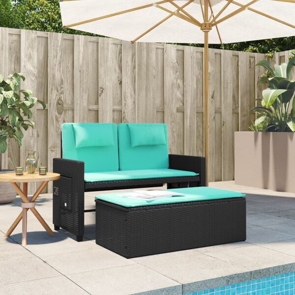 vidaXL Garden Bench Black and Blue PE rattan, powder-coated steel, polyester