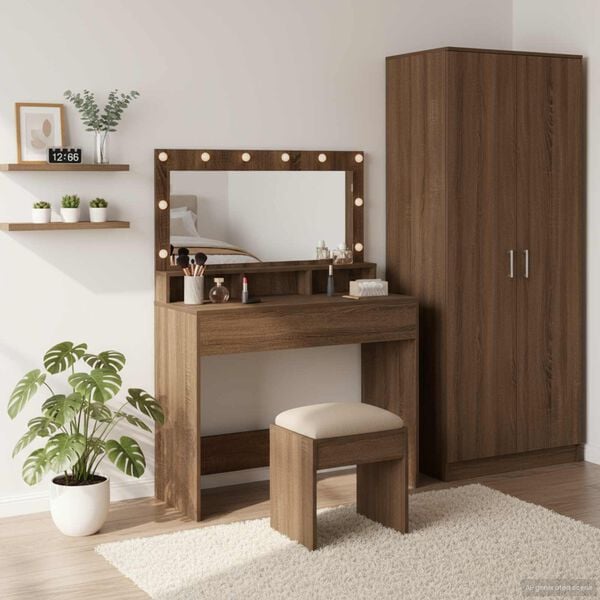 vidaXL Dressing Table with Shelf Brown Oak 39.37 x 16.14 x 53.15 in