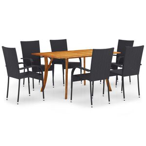 vidaXL Dining Set Black Solid Acacia Wood, PE Rattan 7 Piece Stackable