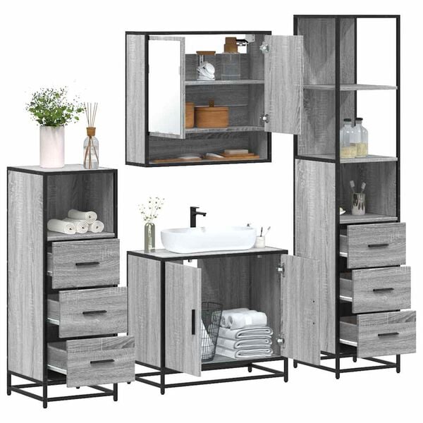 vidaXL Bathroom Furniture Set Grey sonoma Engineered wood, metal