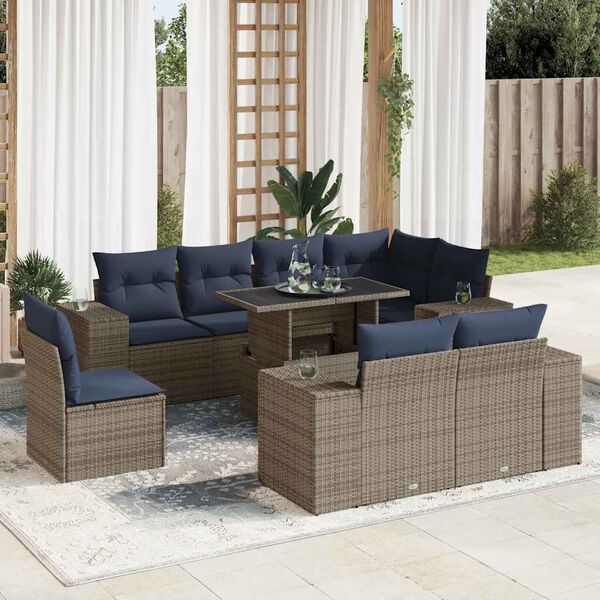 vidaXL 9 Piece Patio Sofa Set with Cushions Gray Poly Rattan Acacia