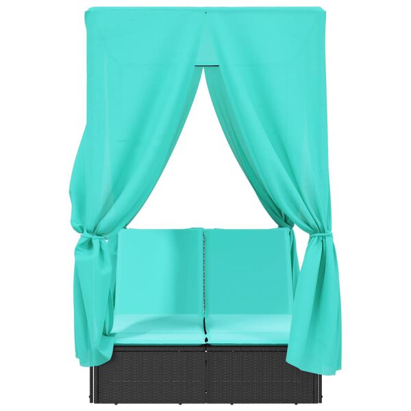 vidaXL Double Sun Lounger with Roof and Curtains Black Poly Rattan