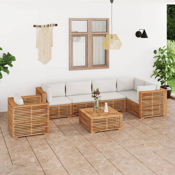 vidaXL 7 Piece Patio Lounge Set with Cream Cushion Solid Teak Wood