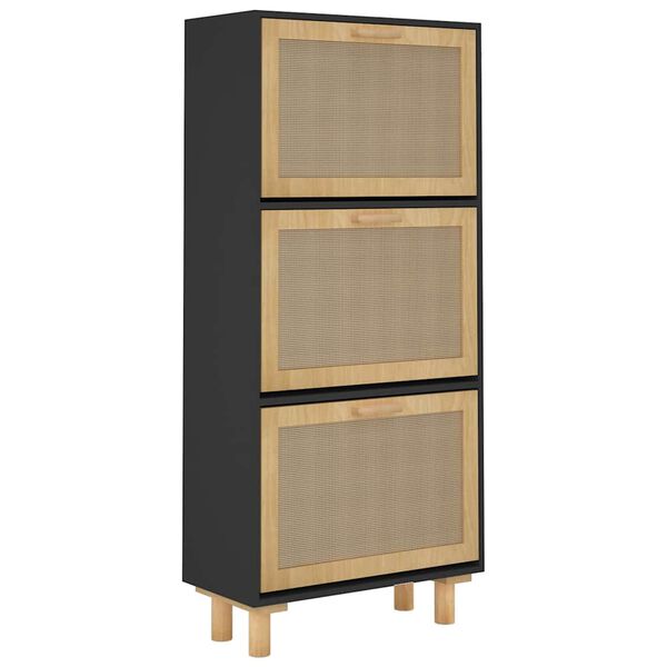 vidaXL Shoe Cabinet Black Engineered wood, solid pine wood, natural rattan