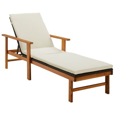 vidaXL Sun Lounger with Cushion Poly Rattan & Solid Acacia Wood Black