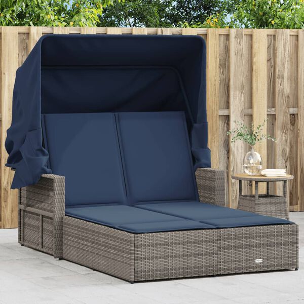 vidaXL Double Sun Lounger Grey PE rattan, Navy blue cushions