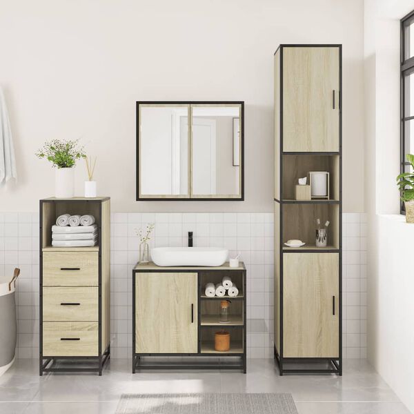 vidaXL Bathroom Furniture Set Sonoma Oak Engineered Wood, Metal, Glass