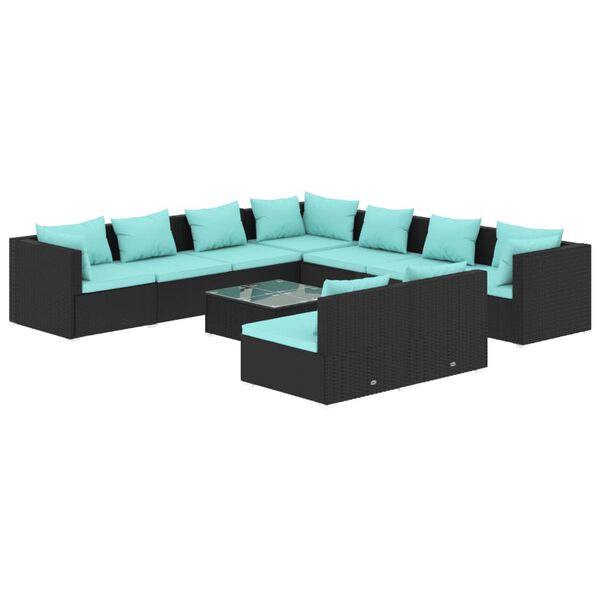 vidaXL Garden Lounge Set Black with Water blue cushions