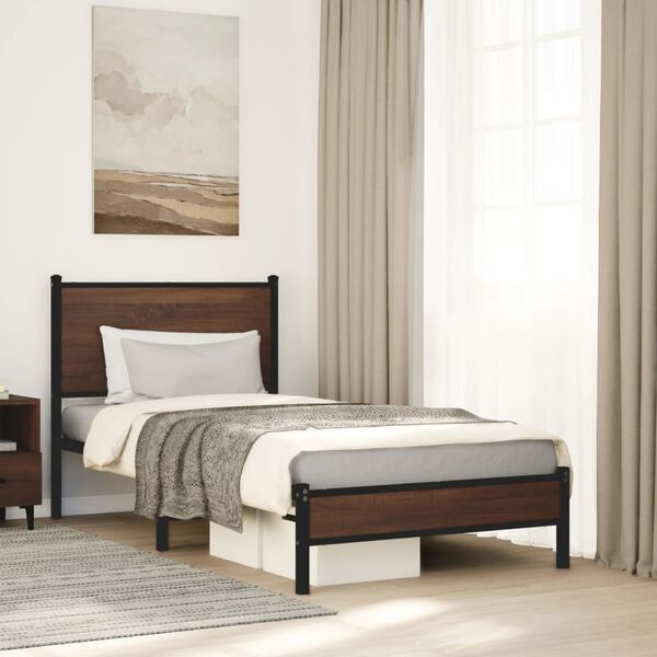 vidaXL Bed Frame Brown Oak Steel 35.4 x 75.0 in Single Bed Frame