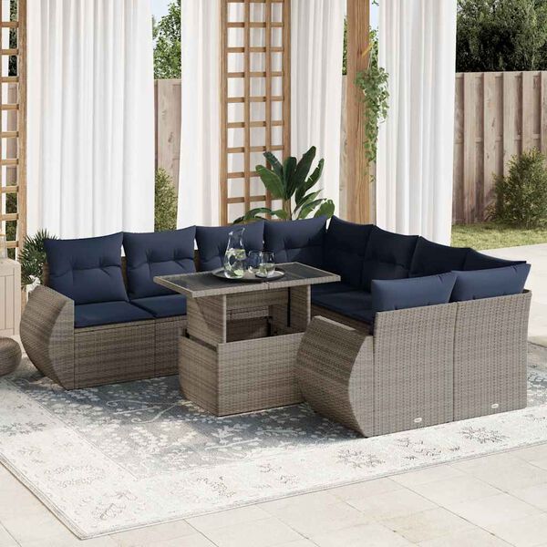 vidaXL 9 Piece Patio Sofa Set with Cushions Gray Poly Rattan Acacia