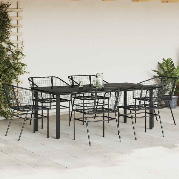 vidaXL 7 Piece Patio Dining Set Black Poly Rattan Glass