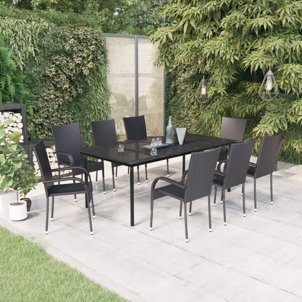 vidaXL Garden Dining Set Black PE Rattan, Powder-Coated Steel, Glass Large