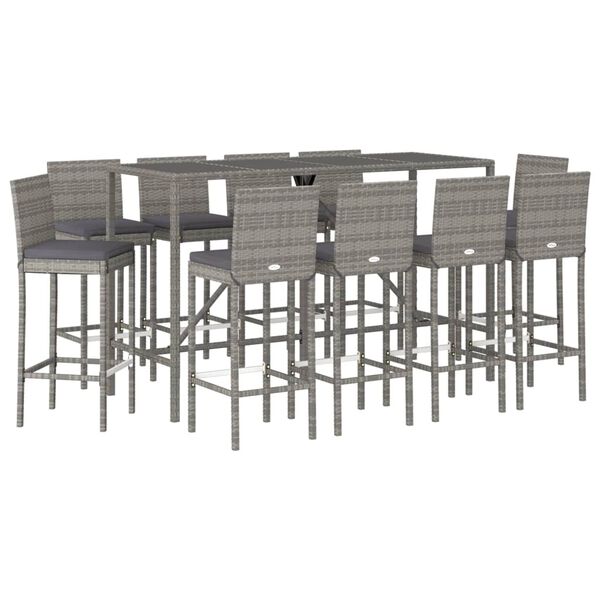 vidaXL 11 Piece Patio Bar Set with Cushions Gray Poly Rattan