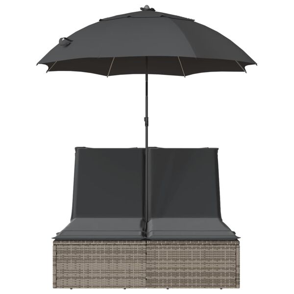 vidaXL Double Sun Lounger with Cushions&Parasol Grey Poly Rattan