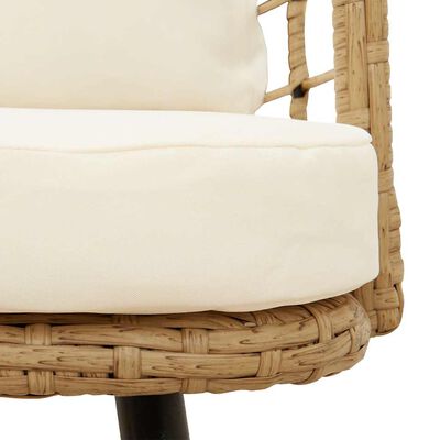 Close-up of the seat cushion and woven base of the rattan chair.